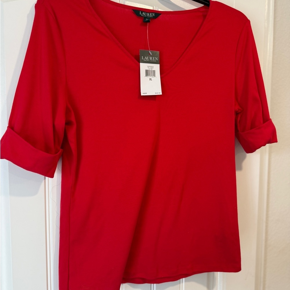Lauren Ralph Lauren Red V-Neck Top - XL - 3/4 Cuffed Sleeves NWT